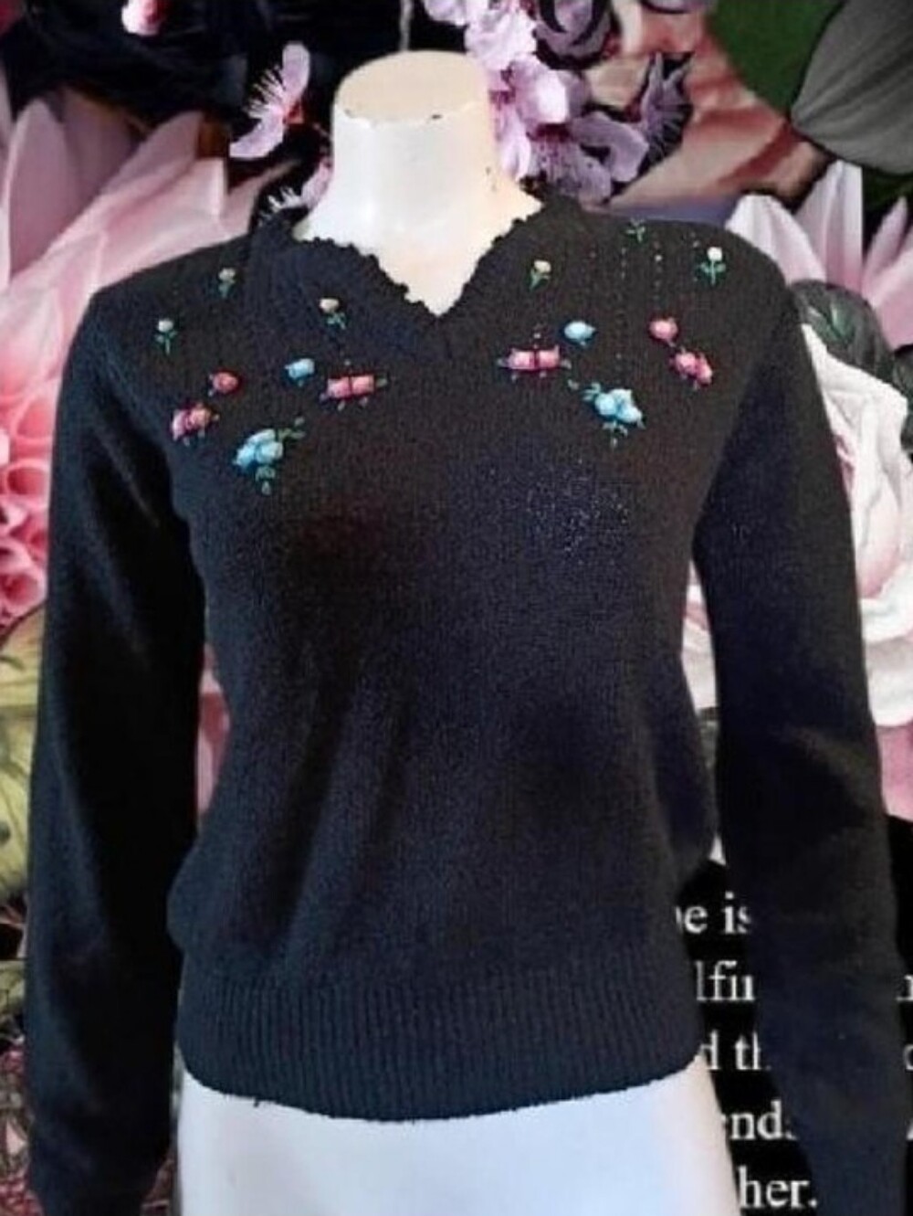 Vtg 80's 90's Women's Zazou Black Knit Sweater With Colorful Floral Embroidery